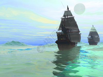两艘加仑帆船在公海上航行驶图片