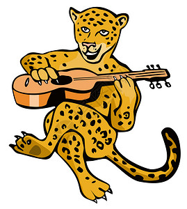 说明有一只卡通的美洲狮在弹吉他背景图片