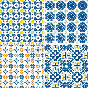 以蓝色橙色和黄色如葡萄牙瓷砖表示的四套无图片
