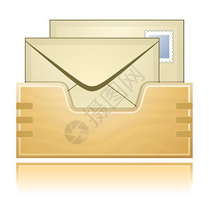 带反射的木制信箱和邮件信封图片