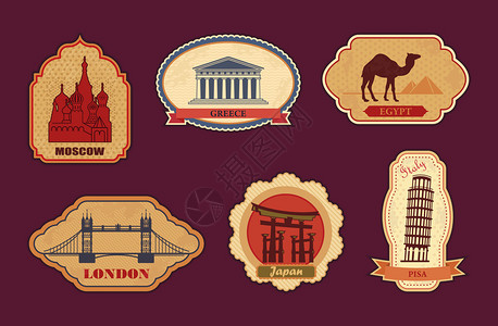 伟大牌坊宫岛旅行贴标签莫斯科希腊埃及伦敦插画