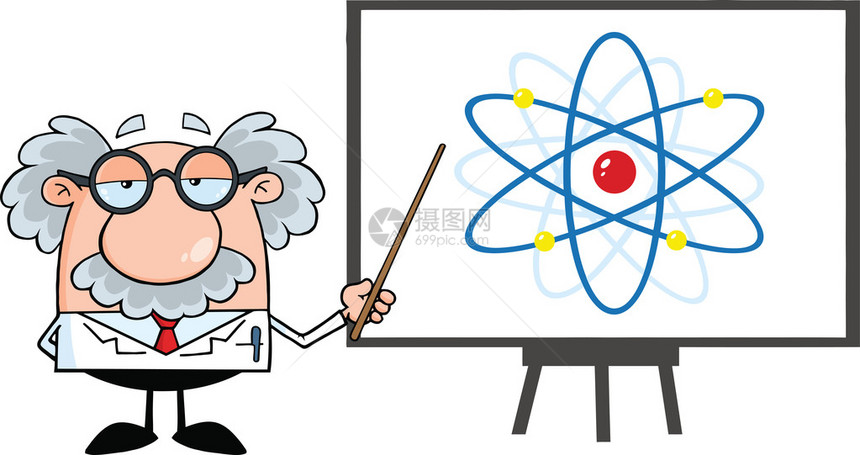 有趣的科学家或有指针的教授展示原子图解图片