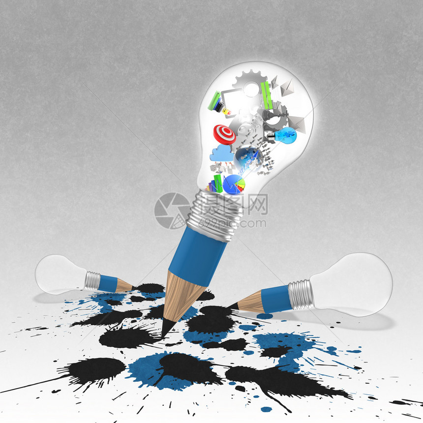 绘图想法铅笔和灯泡概念创意和飞溅图片