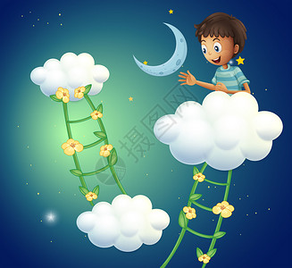 一个快乐的男孩在云顶上展示一图片