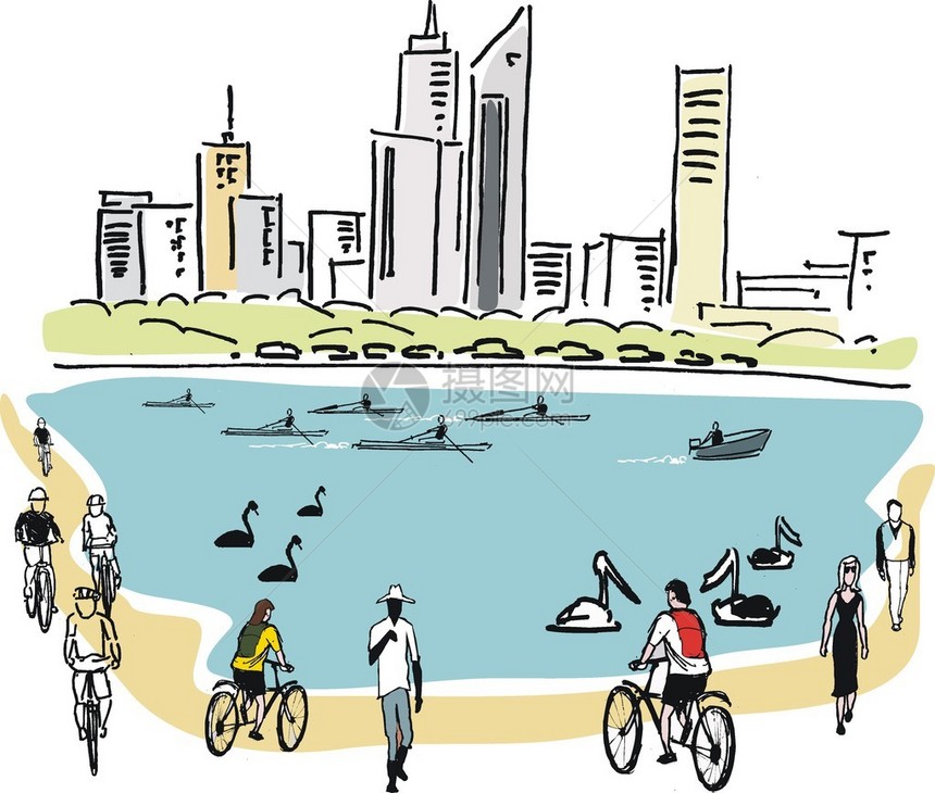 城市湖在海滩上与船只和骑自行车者图片