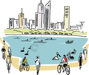 城市湖在海滩上与船只和骑自行车者图片