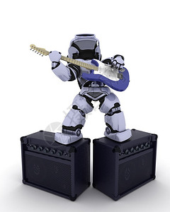 弹贝斯电音少年弹吉他的机器人的3D渲染设计图片