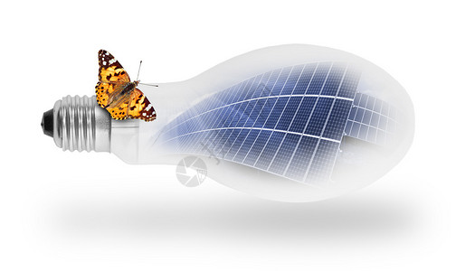 带太阳能电池板和蝴蝶的灯泡环境概念图片