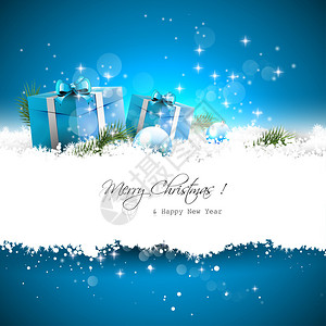 蓝色圣诞贺卡带有礼品盒雪中树图片