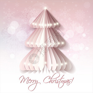 白色折纸圣诞树贺卡粉红色背景图片