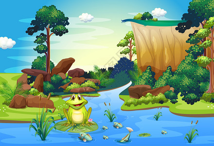 一只青蛙在悬崖附近的河边玩耍的插图图片