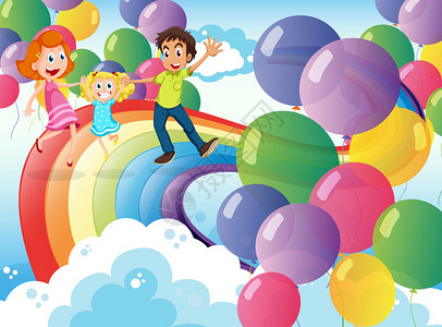 快乐的家庭玩彩虹和漂浮气球的图片