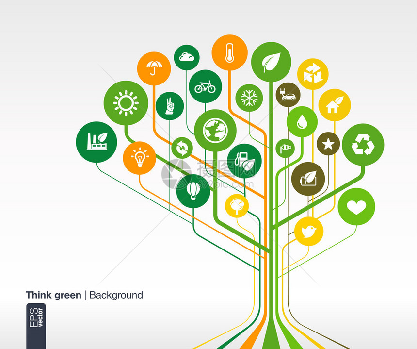带有线条和圆圈的抽象生态背景具有生态地球绿色回收自然自行车汽车和图标的大脑概图片