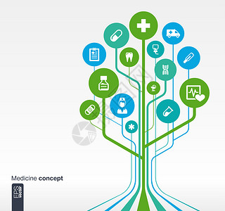 带有线条圆圈和图标的抽象医学背景具有医疗健康保健护士温度计药丸和十字图标的生长树背景图片
