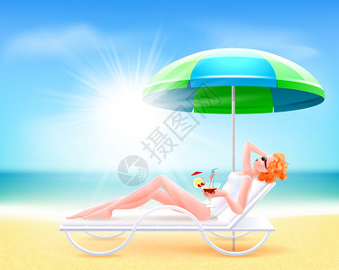 穿着白色泳衣的女孩躺在椅上阳光明媚蓝天海休息女人手里拿着鸡尾酒值得在躺椅阳伞背景图片