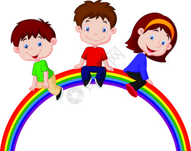 卡通儿童坐在彩虹上图片