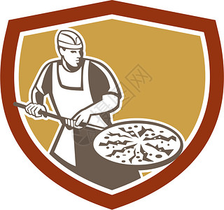 说明一个比萨饼面包师拿着皮和披萨馅饼套在护盾顶里在孤立的白色背景上以图片
