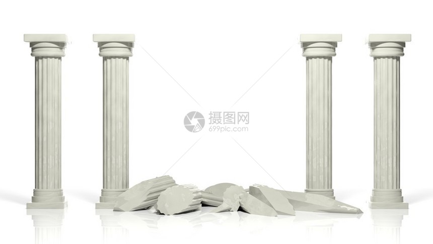 古老的大理石柱两根中间断裂的圆柱体在白图片