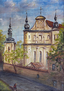 古老城市地貌街道上的古老教堂油画图片