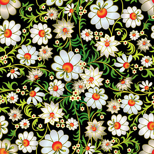 抽象的无缝花卉装饰与黑色背景上的白花背景图片