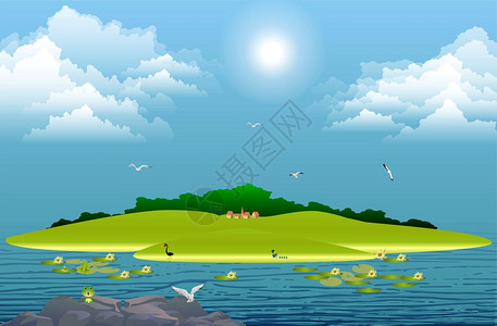 湖中小岛与鸟儿的怀旧组合图片
