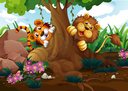 老虎和狮子在森林里玩耍的插图图片