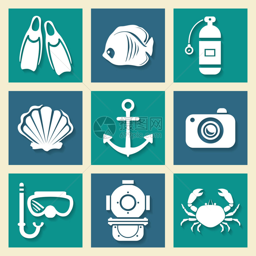 航海符号图标设置与锚蟹和水下潜水设备剪影抽图片