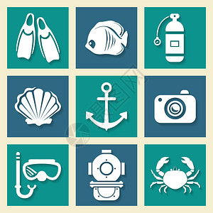 航海符号图标设置与锚蟹和水下潜水设备剪影抽图片