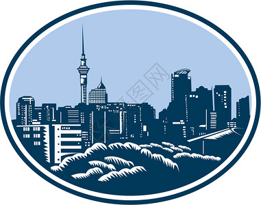 奥克兰市天际线的插图与背景中的天空塔在新西兰奥克兰设置在复古木刻风图片