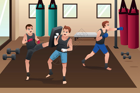 拳击手在健身房训练的矢量图图片