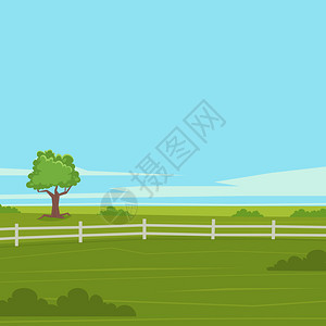 夏季卡通景观与树和栅栏矢量图图片