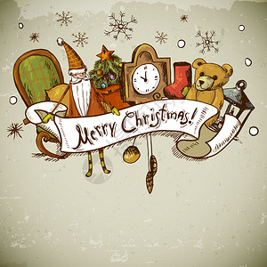 手绘新年和圣诞贺卡矢量图圣诞树礼物溜冰鞋时钟椅子圣诞老人手电筒泰迪图片
