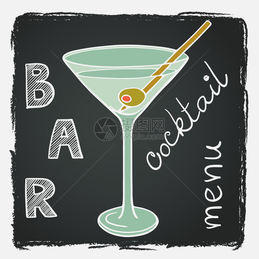 Doodlemartini玻璃在黑板背景上餐厅或酒吧鸡尾酒清图片