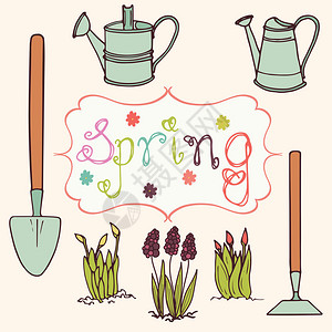 一套五颜六色的手绘春花和工具矢量插图图片