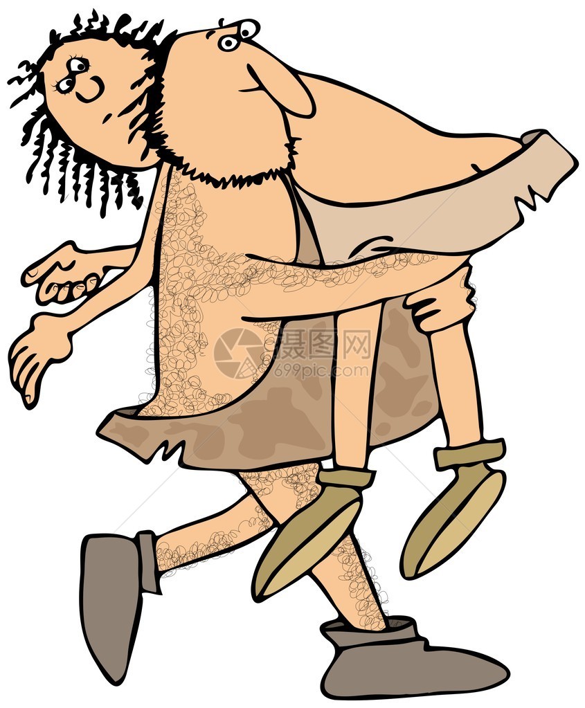 这个插图描绘了一个洞穴工人背着一个女人图片