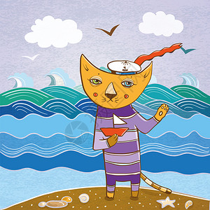 用小船在海上展示猫水手的卡通矢量说明图片