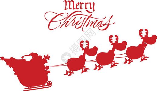 与驯鹿和雪橇搭乘飞行的圣诞老人的红色轮椅图片