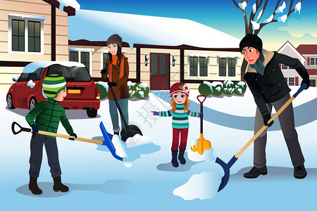 家庭在家门前铲雪的矢量示意图单位背景图片