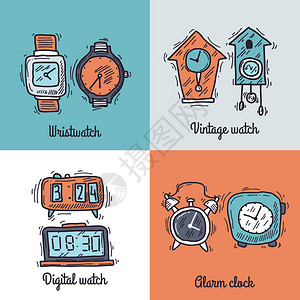 时钟设计概念集与手表老式数字手表素描图标图片