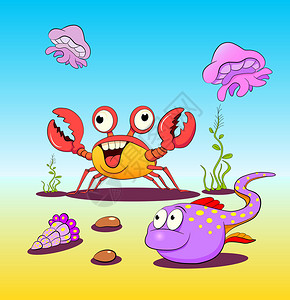 海洋生物卡通有趣的鱼螃蟹图片