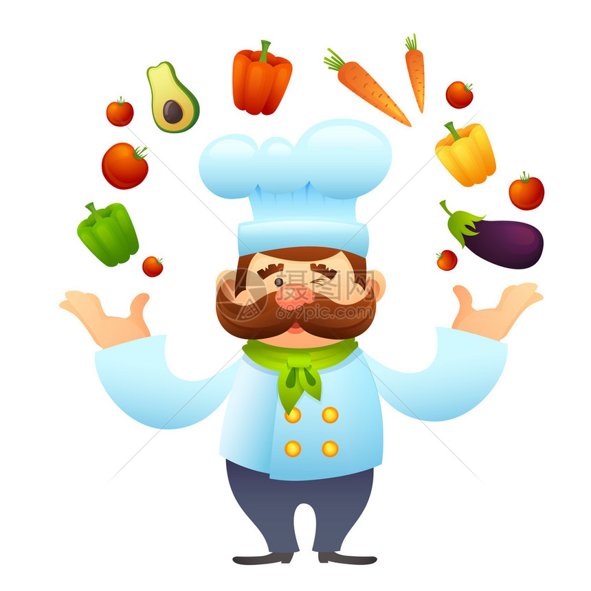 配有蔬菜病媒插图的男厨师餐厅图片