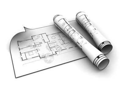 轧制白色背景下滚动蓝图的3d插图设计图片