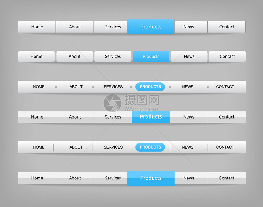 收集带蓝色悬停按钮的灰色导航条模板在灰色背景上的图片