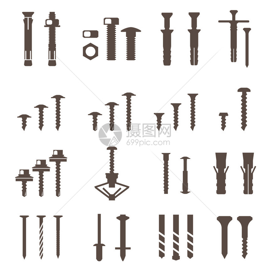 紧固件图标设置螺丝和钉子矢量图片