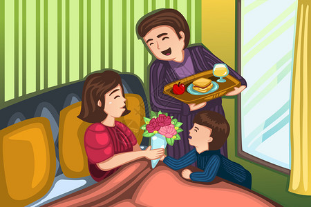 父亲和儿子在母亲的床上为母亲白天提供早餐的矢量插图图片