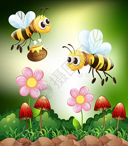 两只蜜蜂从花中采蜜图片