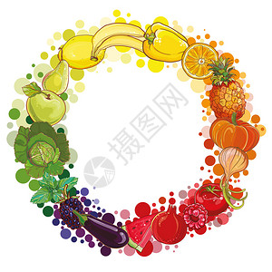 带水果和蔬菜的圆周构成矢量彩色蔬菜图标健康生活方式印刷图示网络食物圈图片
