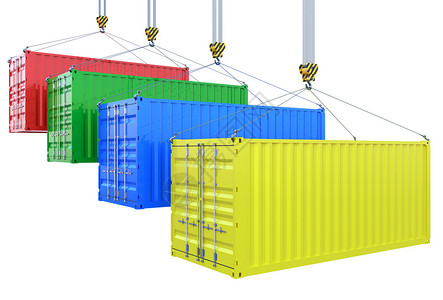 空降物流货品3发不同颜色货物集装箱的吊钩孤插画