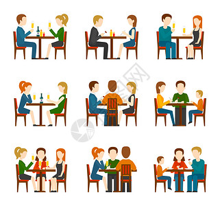 在餐馆或咖啡馆平面图标中吃饭和说话的人群体设置了孤图片