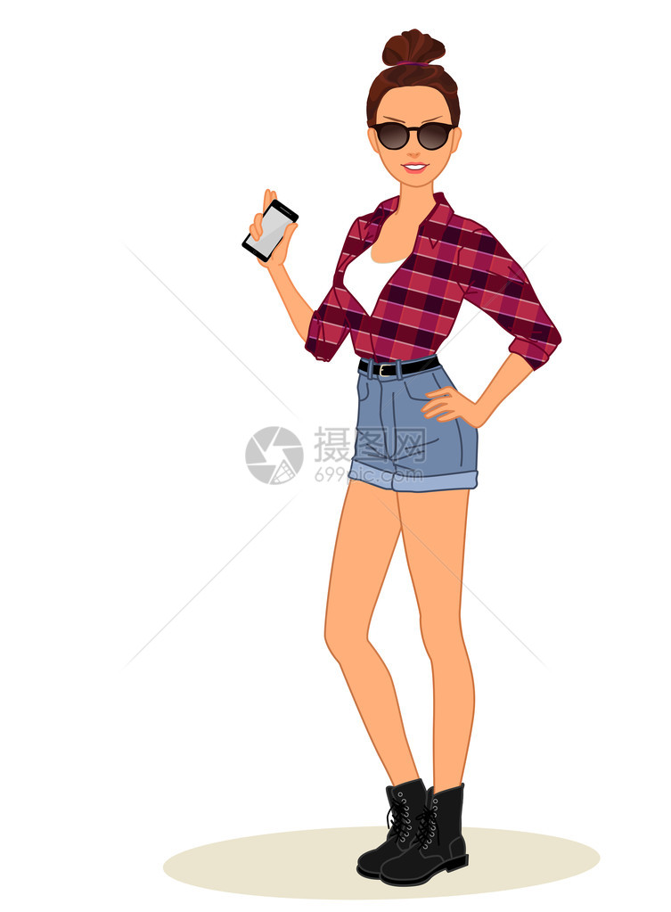 格的矢量插图一个穿着时装服的年轻女孩用手机图片